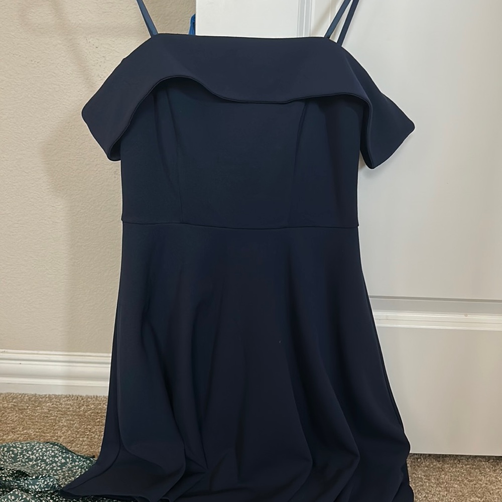 off the shoulder flowy navy dress, ties in back